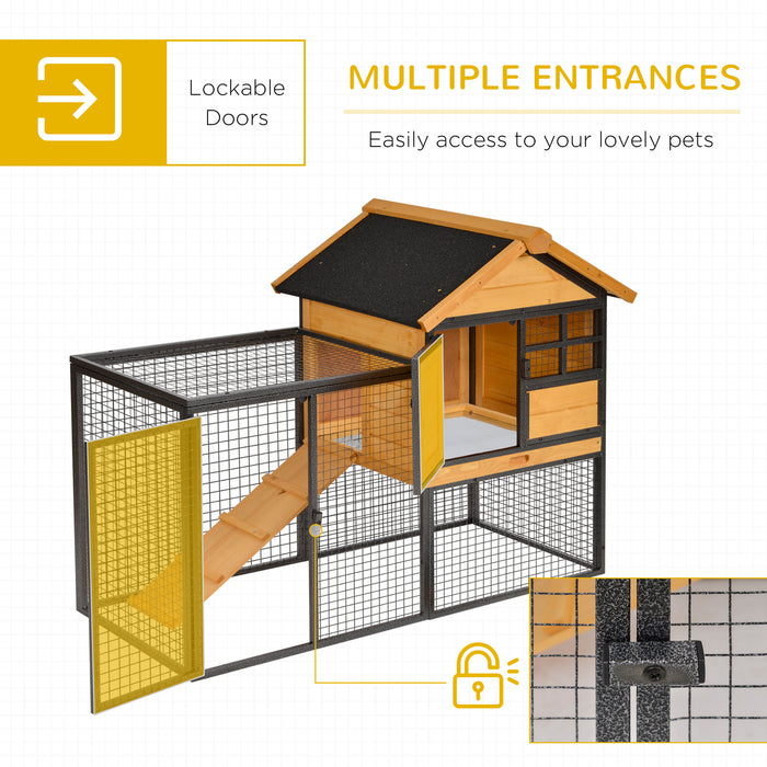 Elevated Wooden Rabbit Hutch with Metal Frame - Outdoor Pet Bunny Cage, Slide-Out Tray for Easy Cleaning - Ideal for Small Animals Safe Housing