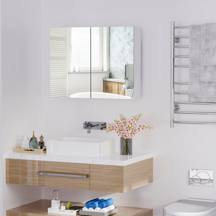 Double Door Mirrored Glass Cabinet - Wall Mounted Storage Unit with Wooden Frame, 80x60x15cm - Ideal Bathroom Shelf Organizer for Toiletries and Essentials