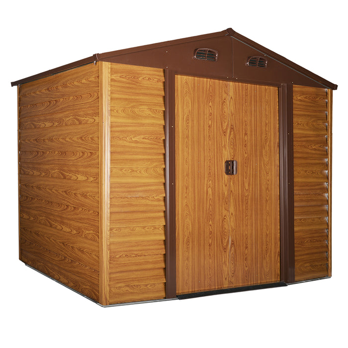 Metal Apex Garden Storage Shed - 9x6.5 ft, Brown Wood Grain, Foundation & Ventilation Included - Outdoor Tool and Equipment Organizer