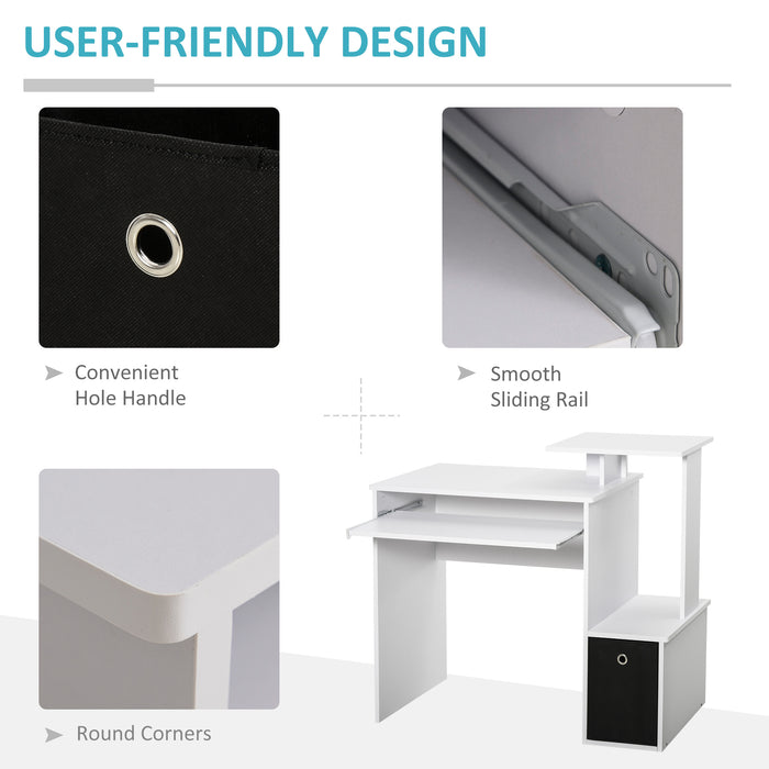 Compact White Computer Desk - Sliding Keyboard Tray, Storage Drawer, and Shelf - Ideal for Home Office, Gaming, and Study Workstation