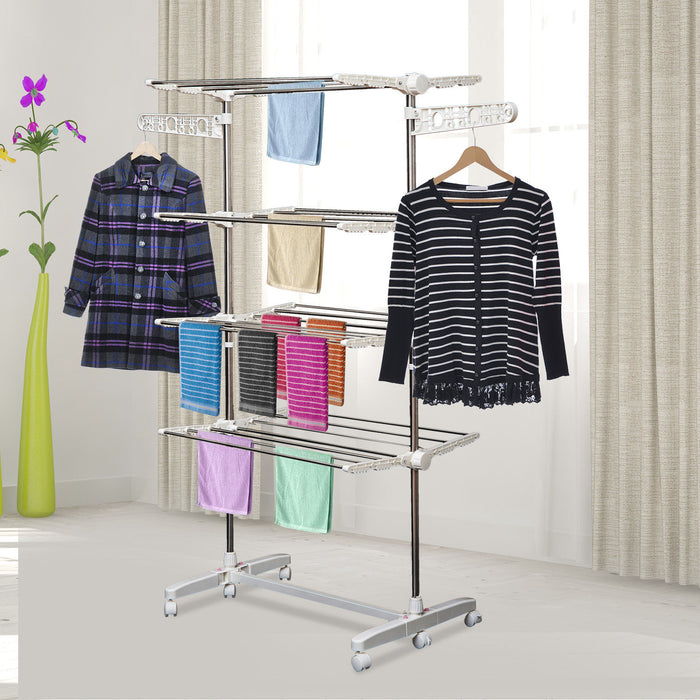 Adjustable 4-Layer Garment Rack with Wheels - Folding Clothes Rail for Easy Storage - Ideal for Organizing Wardrobe and Laundry Room