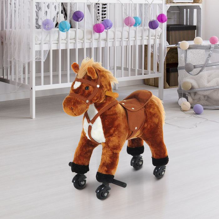 Plush Rocking Horse with Wheels - Wooden Base, Ride-On Pony with Sounds for Toddlers - Interactive Walking Toy for Young Children, Ideal Gift for Little Riders