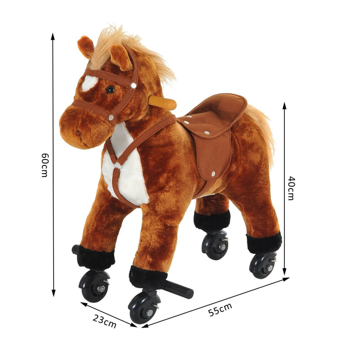 Plush Rocking Horse with Wheels - Wooden Base, Ride-On Pony with Sounds for Toddlers - Interactive Walking Toy for Young Children, Ideal Gift for Little Riders