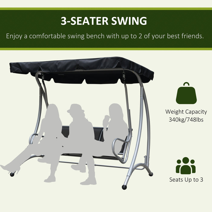 Outdoor Patio 3-Seater Bench Swing Chair with Adjustable Canopy, Steel Frame - Relaxing Black Porch Swing for Garden, Deck, and Backyard Comfort