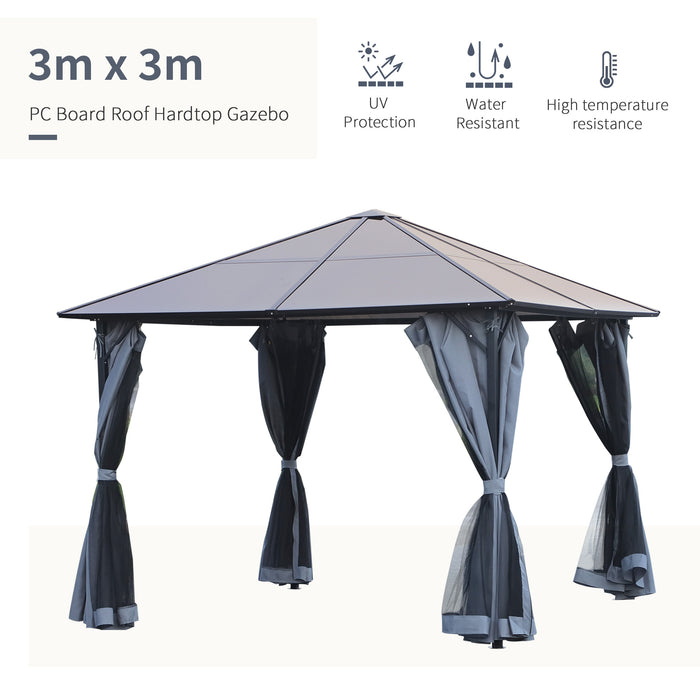 Aluminium Hardtop Gazebo 3x3m - Garden Marquee Canopy with Mesh Curtains & Side Walls - Ideal Outdoor Shelter for Parties & Patio Use