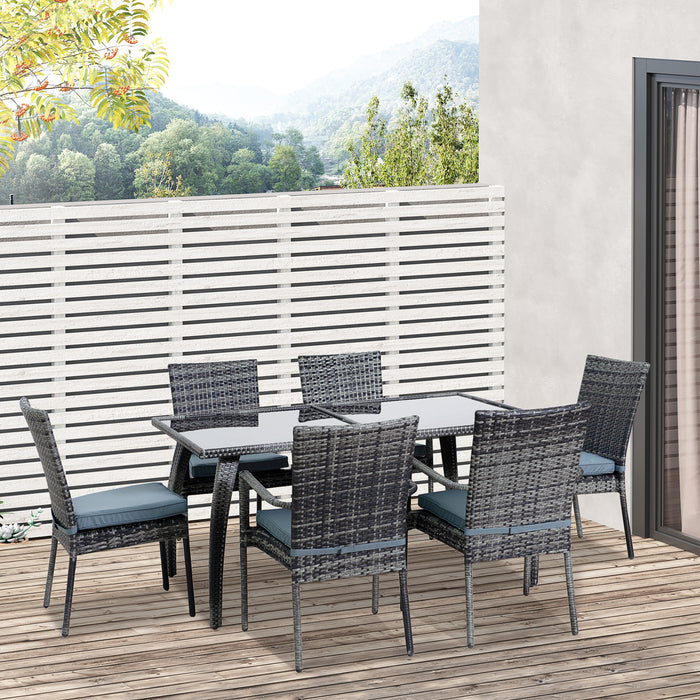 6-Seater Garden Dining Set - PE Rattan Wicker with Steel Frame, Large Glass Top Table & Curved Legs - Thick Cushions & Feet Pads, Outdoor Entertaining, Grey