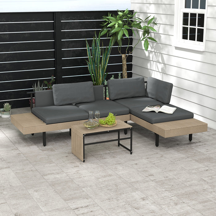 L Shaped 3-Piece Outdoor Sofa Set - HDPE Garden Furniture with Table and Cushions - Ideal for Poolside and Patio Lounging