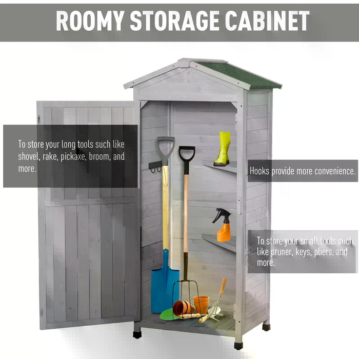 3-Tier Wooden Garden Cabinet - Outdoor Storage Shed with 2 Shelves and Lockable Doors, Hooks, Foot Pad - Light Grey Organizer for Tools and Equipment