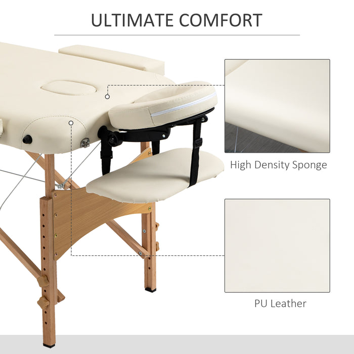 Portable 2-Section Massage Table - Folding Spa and Beauty Bed with Carry Bag, Wooden Frame in Cream Finish - Ideal for Therapists, Salons, and Home Use