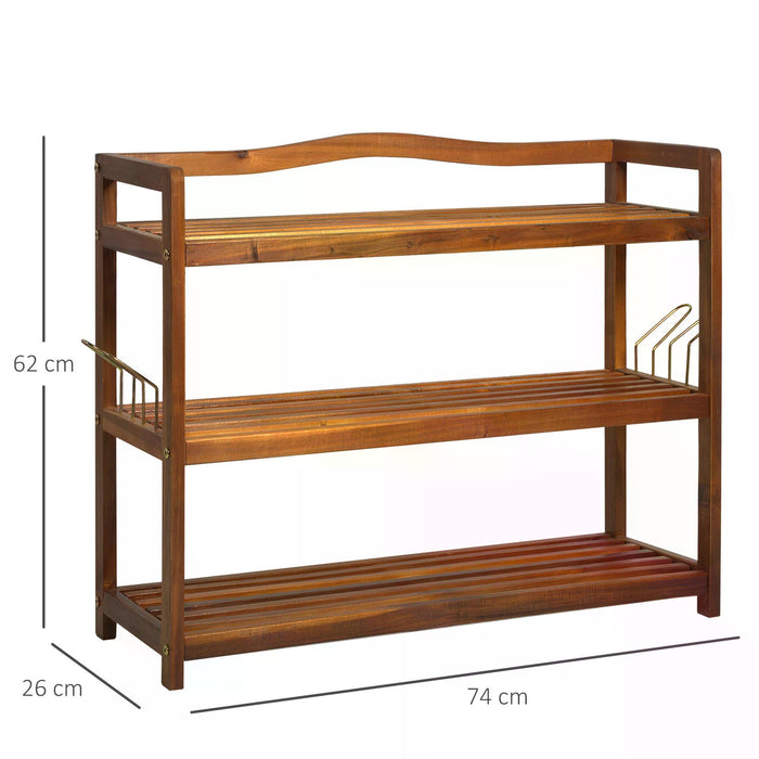 Acacia Wooden 3-Tier Shoe Rack with 2 Hangers - Space-Saving Storage Organizer, Up to 12 Pairs, 74x26x62 cm - Ideal for Entryway and Living Room, Teak Finish