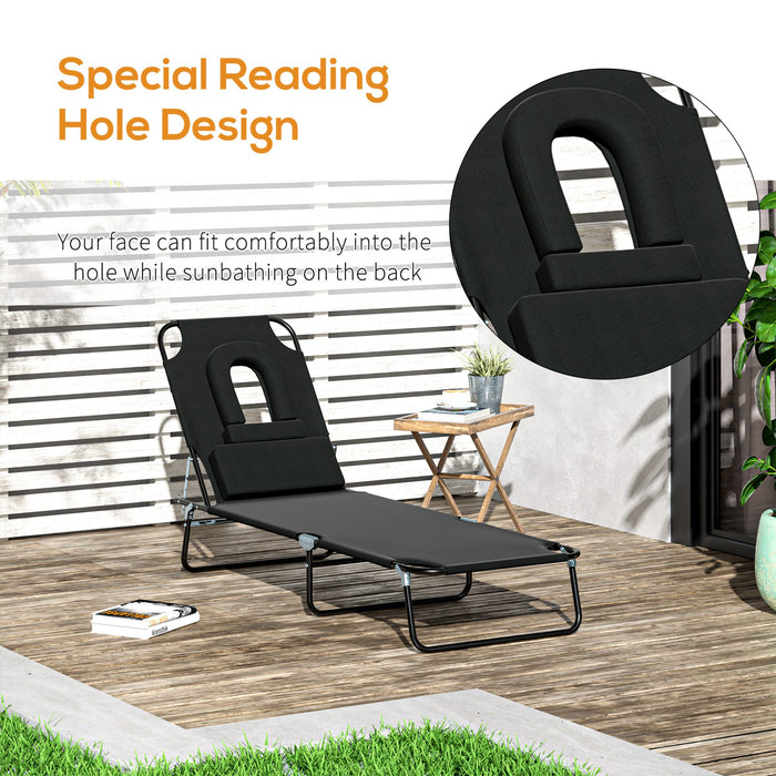 Foldable Sun Lounger with Pillow - Reclining Chair with Reading Hole for Beach and Garden - Adjustable Outdoor Recliner in Black for Relaxation and Sunbathing