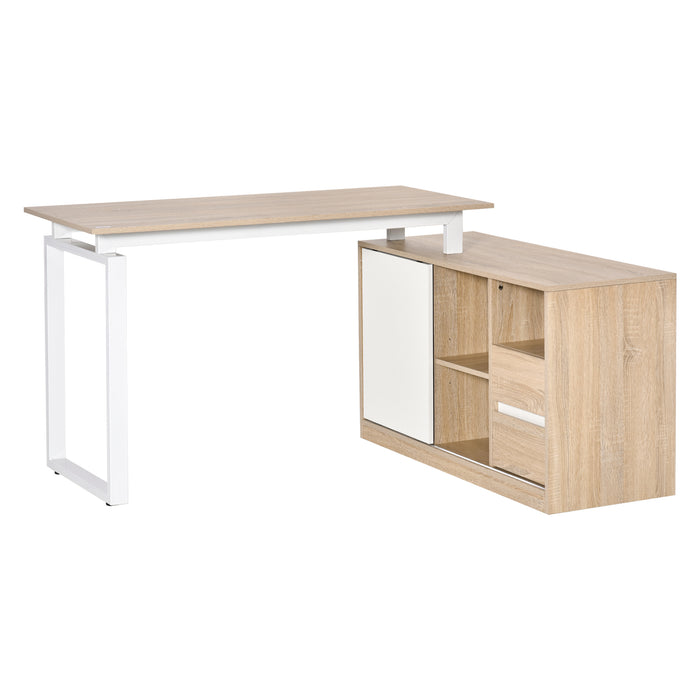 L-Shaped Oak Beige White Desk - Home Office Computer Workstation with Storage Shelf and Drawer - Space-Saving Corner Writing Table for Professionals