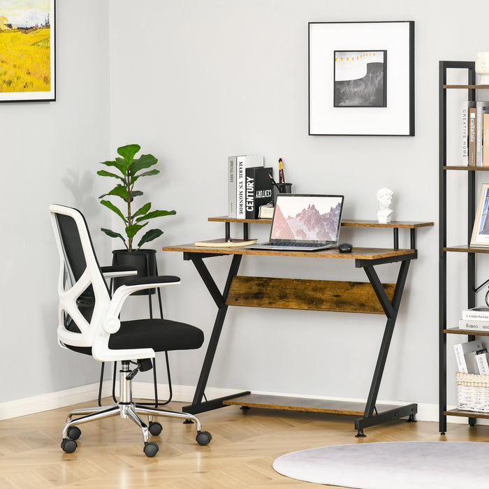 Compact R-Shaped Computer Desk - Home Office PC Table with Monitor Shelf and Storage - Ideal for Gaming, Studying, Small Spaces, 100cm, Brown