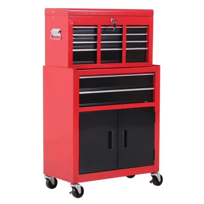 Metal Tool Chest on Wheels with 6 Drawers and Pegboard - Top Chest and Roller Cabinet Combination, 61.6 x 33 x 108cm in Red - Ideal for Workshops and DIY Enthusiasts