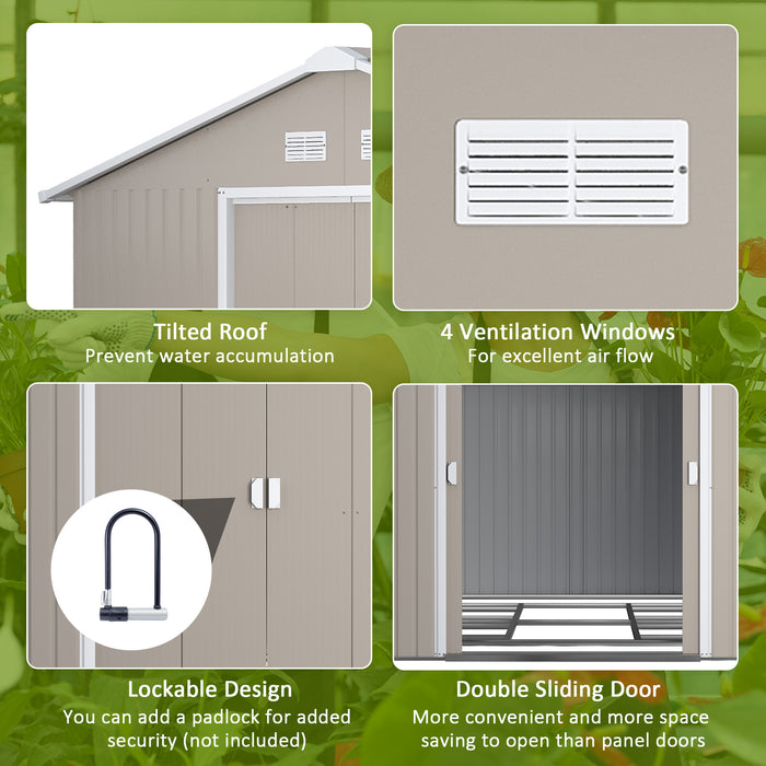 Metal Storage Shed 13x11ft - Outdoor Garden Organizer with Foundation, Ventilation, and Doors - Spacious Solution for Tools and Equipment Storage, Light Grey