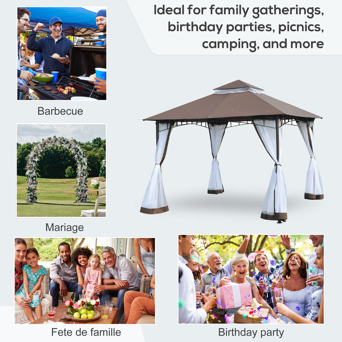 Metal Garden Gazebo 3x3m - Square Canopy Shelter with Mesh for Outdoor Parties and Weddings, Brown - Elegant Shade and Bug Protection for Events