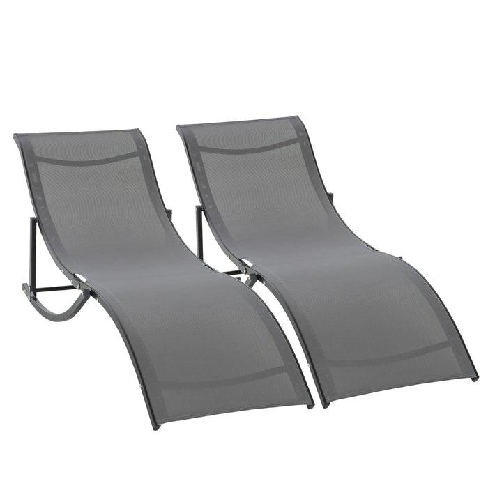 Foldable S-Shaped Lounge Chairs, Set of 2 - Reclining Sun Lounger for Outdoor, Patio, Beach, Garden - Grey Comfort Relaxation Seating