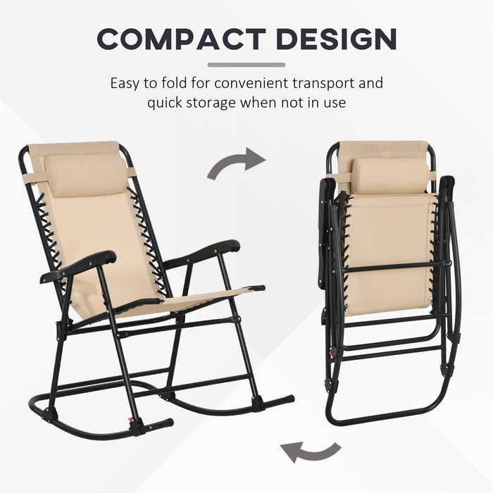 Outdoor Folding Rocking Chair - Portable Zero Gravity Design with Headrest in Beige - Comfort Seating for Patio and Garden