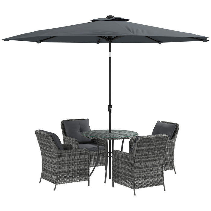 4 Seater Rattan Garden Dining Set with Tempered Glass Top - Includes Umbrella and Cushions for Outdoor Comfort - Perfect Patio Furniture for Family Meals and Entertaining