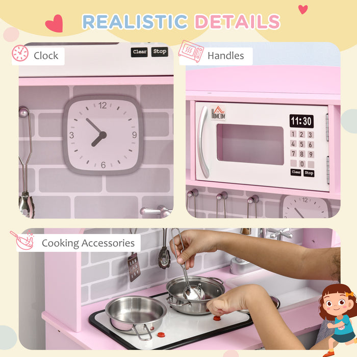 Interactive Wooden Play Kitchen Set - Featuring Lights, Sounds, Water Dispenser, Microwave & Sink - Ideal Gift for Toddlers Aged 3-6, in Playful Pink