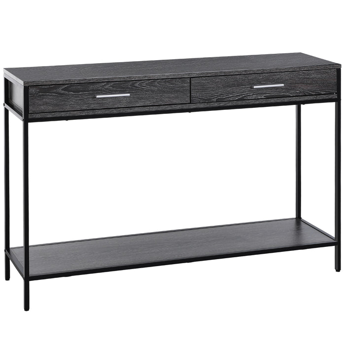 Industrial-Style Console Table with Storage - Grey Wood Tone Effect, Two Drawers, and Bottom Shelf - Elegant Addition for Home Organization and Decor