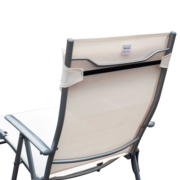 Outdoor Folding Chaise Recliner - Steel Frame Garden Lounger with 7-Level Adjustable Backrest and Headrest - Comfortable Patio Furniture for Sunbathing and Relaxation, Cream White