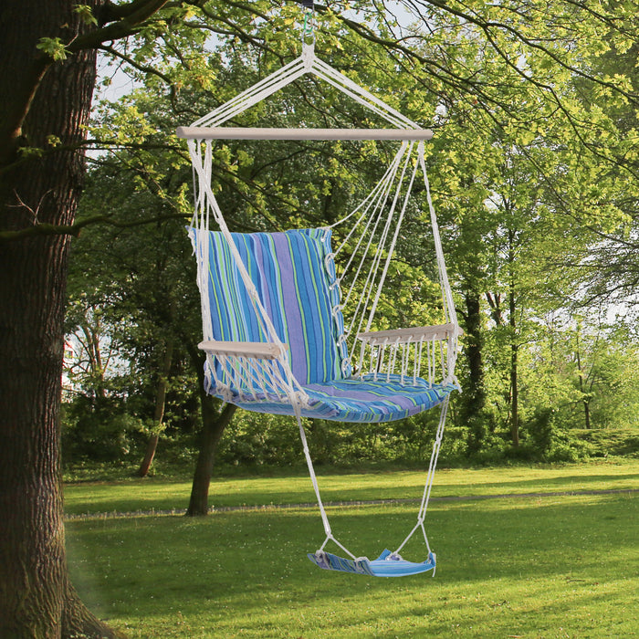 Outdoor Rope Swing Chair with Wooden Accents - Garden & Patio Cotton Hammock with Armrests and Footrest in Blue - Comfy Lounge Spot for Relaxation and Leisure