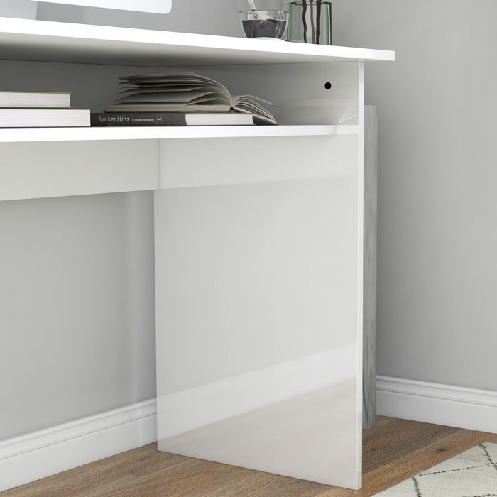 Modern High Gloss White Computer Table - 90x50cm Home Office Desk with Storage Shelf - Compact Writing Space for Small Areas