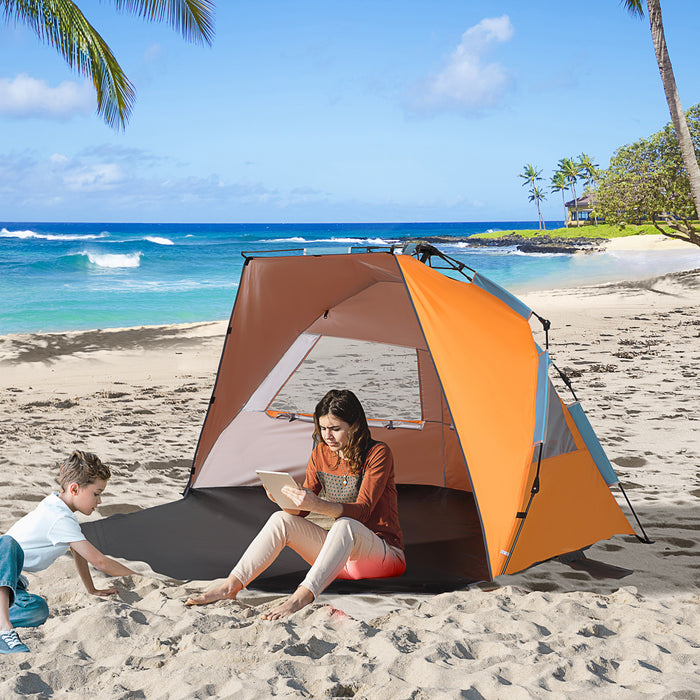 Pop Up Beach Tent with Extended Porch - Easy Setup Sun Shelter with Sandbags and Mesh Screen Windows - Portable Canopy for Solo or Duo Beachgoers