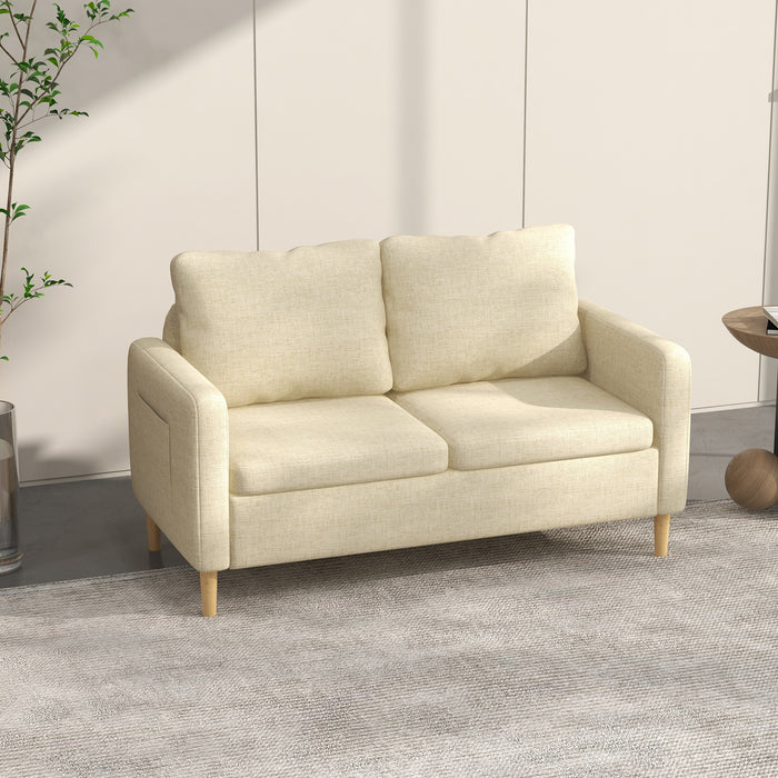 Modern 143cm Beige Loveseat - 2-Seater Fabric Sofa with Wood Legs and Dual Pockets - Ideal for Living Room, Bedroom, or Home Office