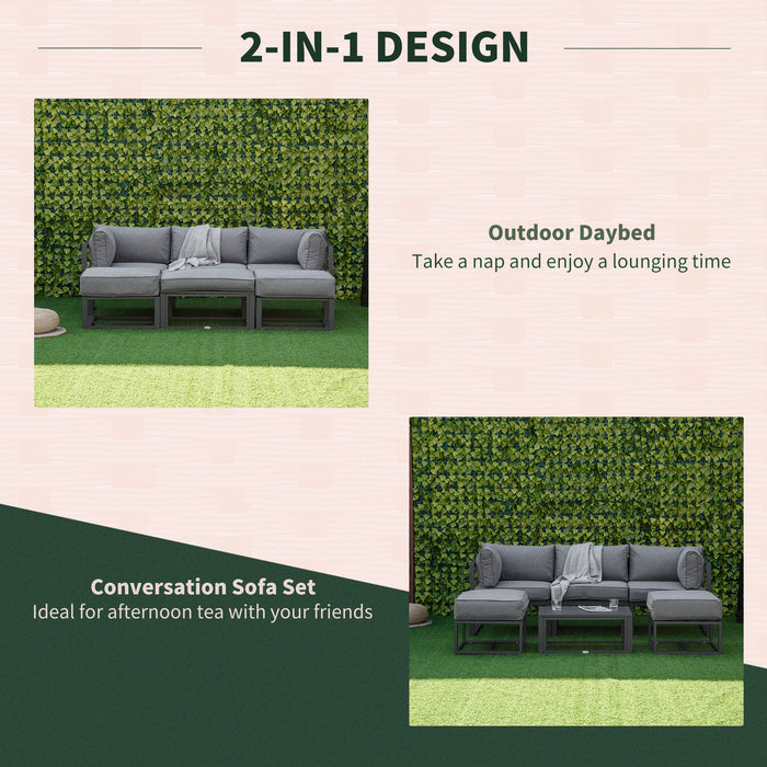 Aluminum Garden Daybed Set - 6-Piece Outdoor Sectional Sofa with Coffee Table and Footstool, Grey Cushions Included - Ideal Patio Conversation Furniture for Relaxation