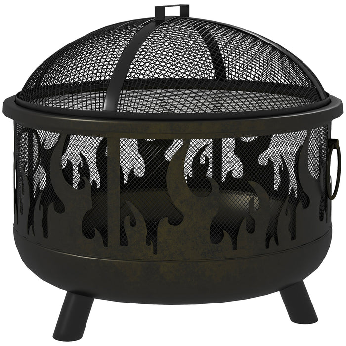 Outdoor Round Metal Firepit Bowl with Accessories - 2-in-1 Fire Pit Grill Combo with Lid, Poker & Handles - Ideal for Garden Camping, BBQs, Bonfires & Wood Burning