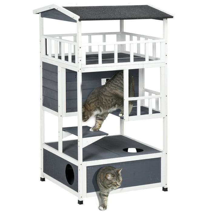 Cats Fir Wood 3-Tier Playhouse - Waterproof Multi-Level Feline Entertainment Center - Ideal for Outdoor Cat Adventures and Relaxation