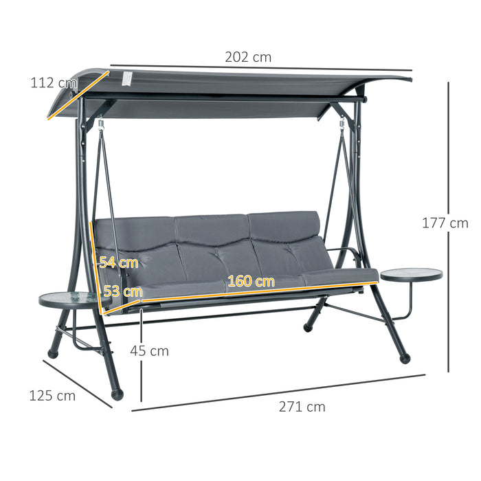 3 Seater Garden Swing Chair - Adjustable Canopy, Comfy Cushion, and Side Tables - Perfect for Outdoor Patio and Garden Relaxation