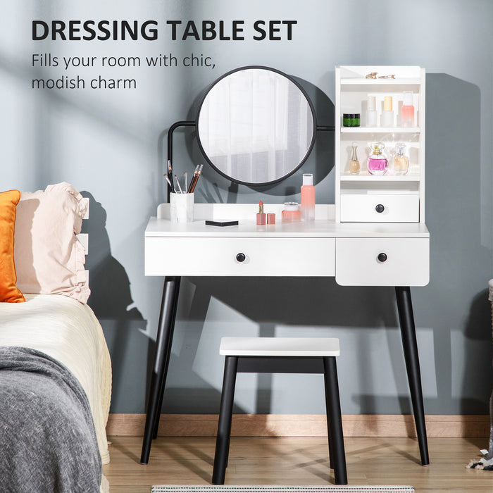 Vanity Makeup Desk Set with Mirror and Stool - Elegant Dressing Table with 3 Drawers and Open Shelving - Perfect for Bedroom and Living Room, Chic White Design