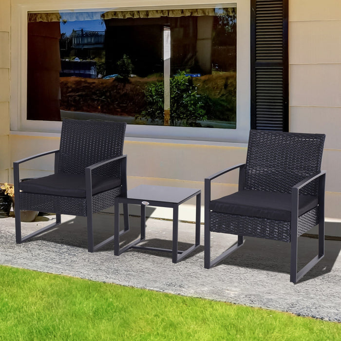 PE Rattan Wicker Patio Bistro Set - 2-Seater Garden Furniture with Coffee Table and Chairs, Black Weave - Ideal for Conservatory and Outdoor Lounging