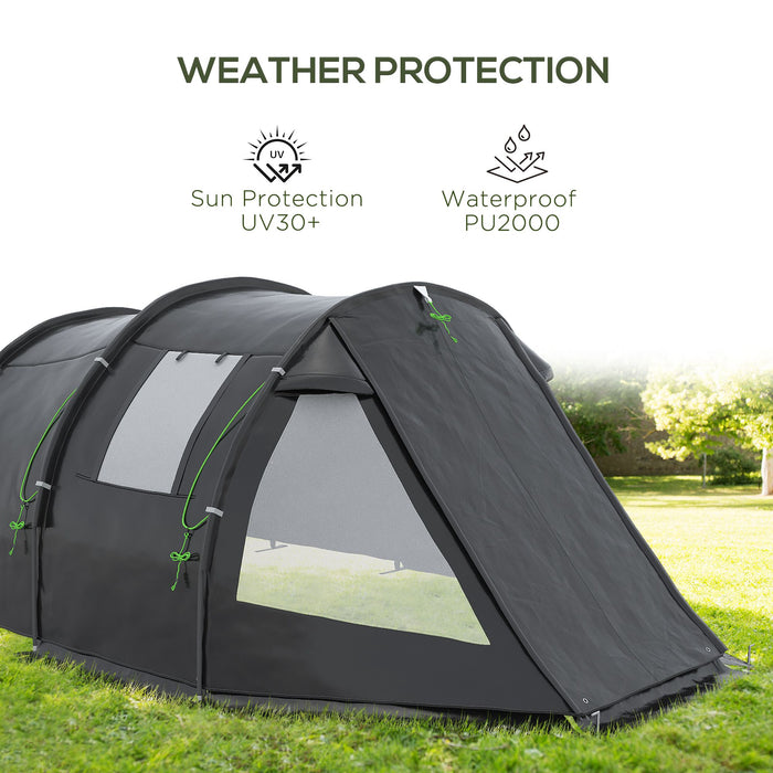 3-4 Person Tunnel Tent - Dual-Room Design with Windows & Protective Covers, Portable Carry Bag - Ideal for Camping, Fishing, Hiking & Festivals