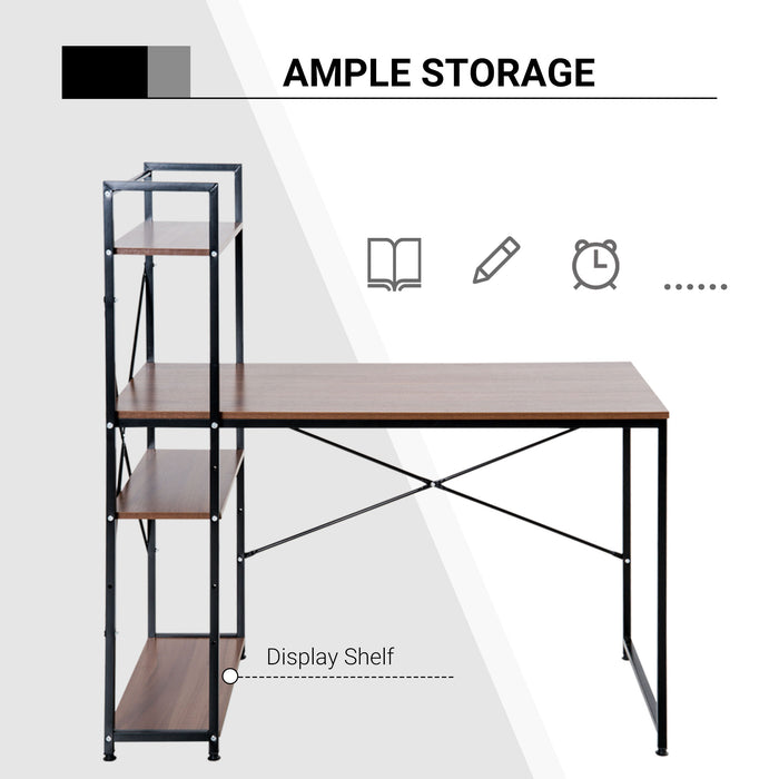 4-Tier Bookshelf Computer Desk - Sturdy Metal Frame with Wooden Top, Home Office Workstation in Walnut & Black - Ideal for Students & Remote Workers