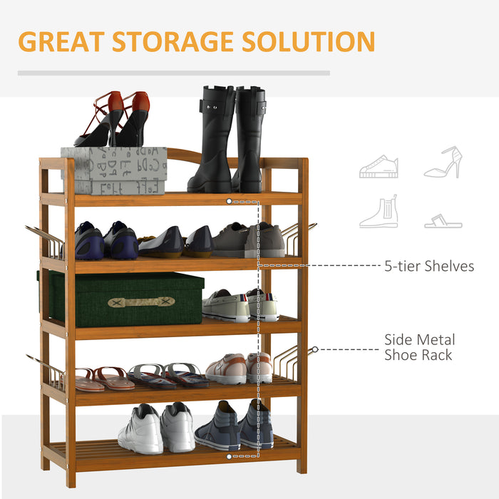 Acacia 5-Tier Shoe Rack - Wooden Shoe Storage Organizer with Side Hangers for 24 Pairs - Ideal for Entryway and Living Room, Teak Finish, 64x26x82cm