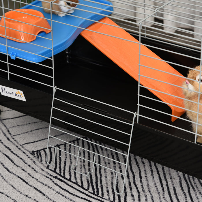 2-Tier Steel Small Animal Hutch - Durable Guinea Pig House with Accessories in Blue/Orange - Ideal for Small Pet Comfort & Shelter