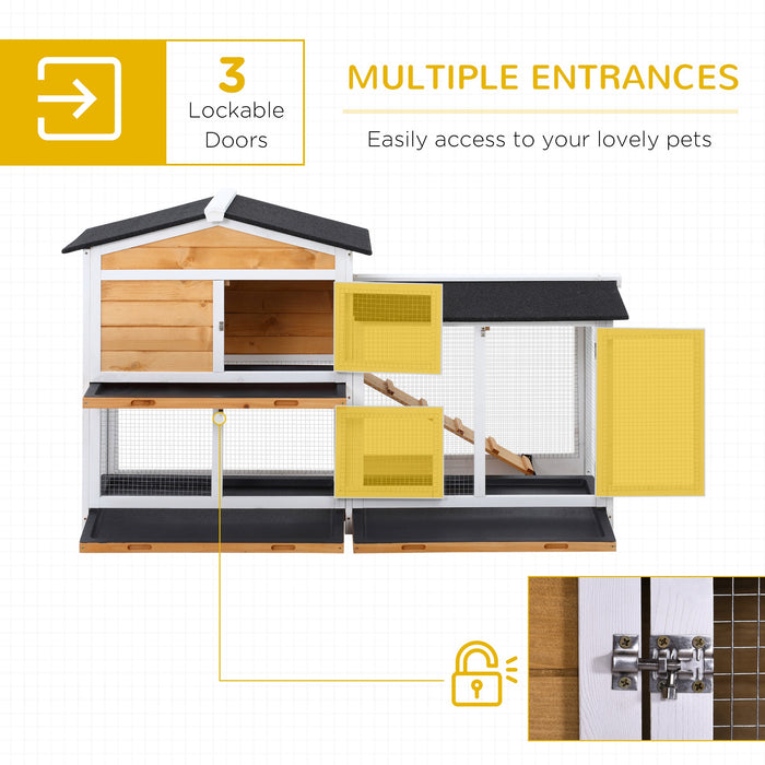 2-Tier Rabbit Hutch - Spacious Wooden Pet Cage with Sliding Tray and Ramp for Guinea Pigs and Small Animals - Outdoor Use, 157.4x53x93.5cm, Yellow