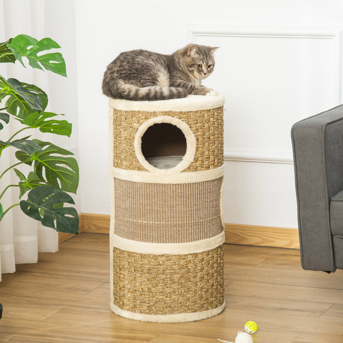 Kitten Tree Tower with Scratching Barrel - Pet Furniture Climbing Frame with Sisal and Seaweed Rope - Cozy Platform for Cats with Soft Plush Surface