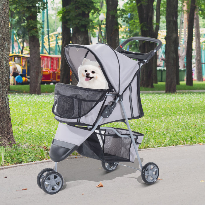 Pet Travel Stroller for Dogs and Cats - Three-Wheeled Pushchair Trolley in Grey - Ideal for Puppy Jogging and Carrier Convenience