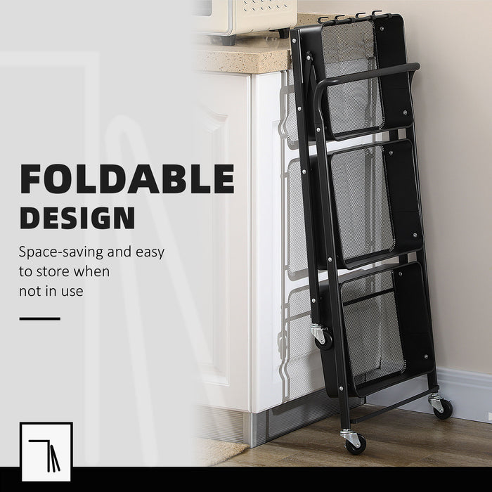 Foldable 3-Tier Rolling Utility Cart - Mesh Basket Storage with 4 Hooks, Black - Space-Saving Organizer for Living Room, Laundry, Kitchen