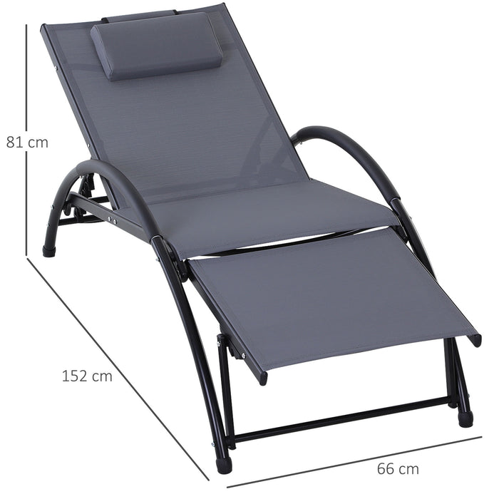 Adjustable Aluminum Sun Lounger with Half Circle Armrest - Textilene Seat & Pillow, Head & Footrest for Garden Patio - Grey Outdoor Relaxation Chair for Comfort & Leisure