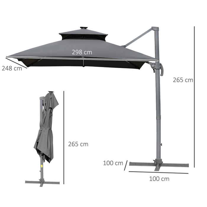 3M Cantilever Parasol - Solar LED Lighted Offset Patio Umbrella with Tilt and Crank, Hanging Sun Shade Canopy, Cross Base - Ideal for Outdoor Relaxation and Nighttime Ambiance