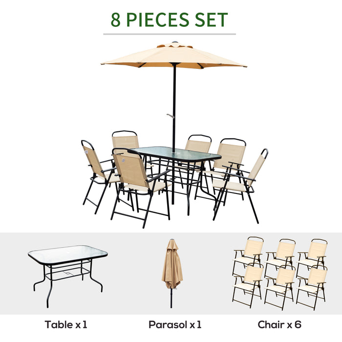 Outdoor Elegance Dining Collection - 8-Piece Textilene Patio Set with Umbrella in Beige - Ideal for Garden Parties and Family Gatherings