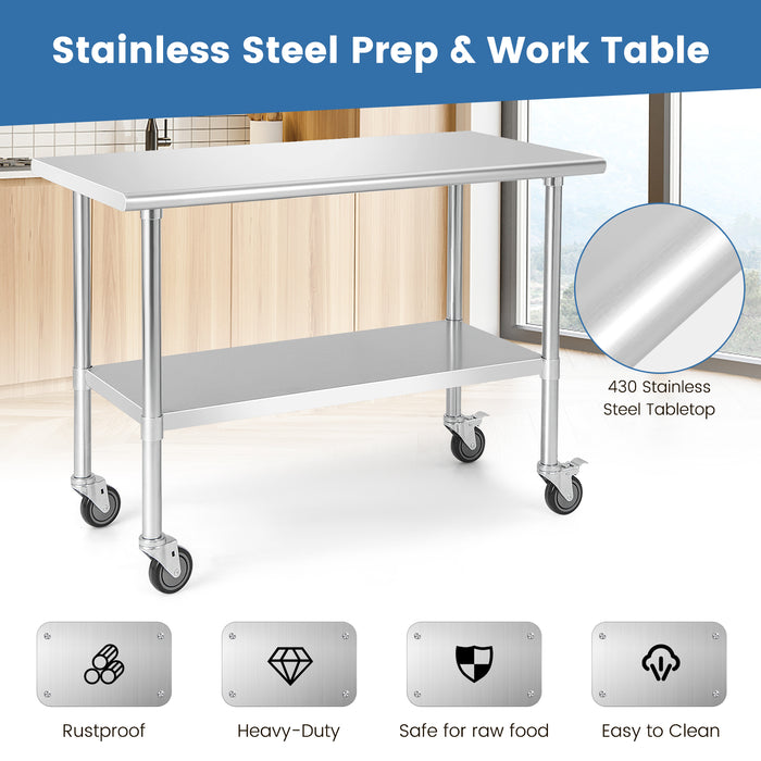 Stainless Steel Brand - Catering Table with Wheels and Adjustable Undershelf - Ideal for Food Industry Professionals