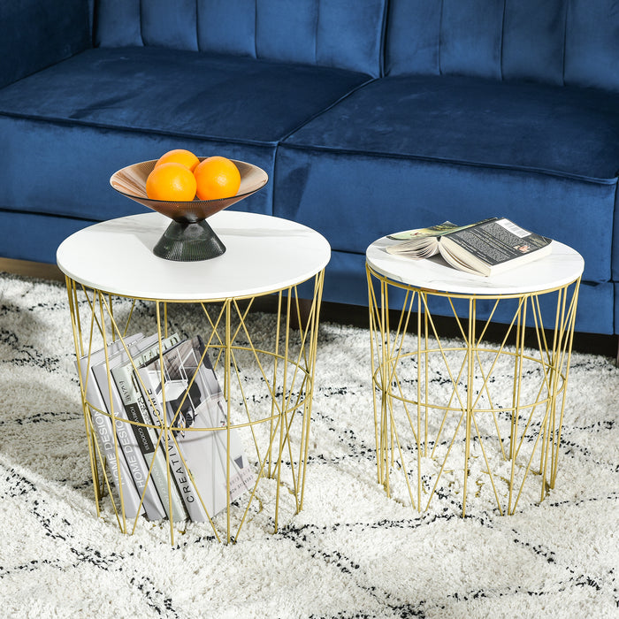 Round Nesting Side & End Tables with Storage - Steel Frame with Removable Tops, Set of 2 in White - Space-Saving Furniture for Small Apartments