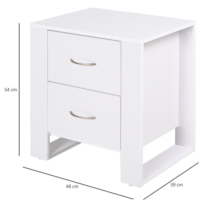 Modern 2-Drawer Bedside Table with Handles - Elevated Base, Melamine-Coated Nightstand for Bedroom Storage - Ideal for Organized Bedtime Essentials, White